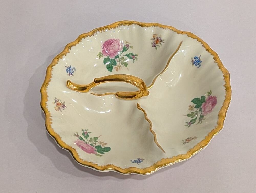 Vintage Porcelain 3 Section Divided Dish Pink Roses Gold Handle Vanity Jewelry
